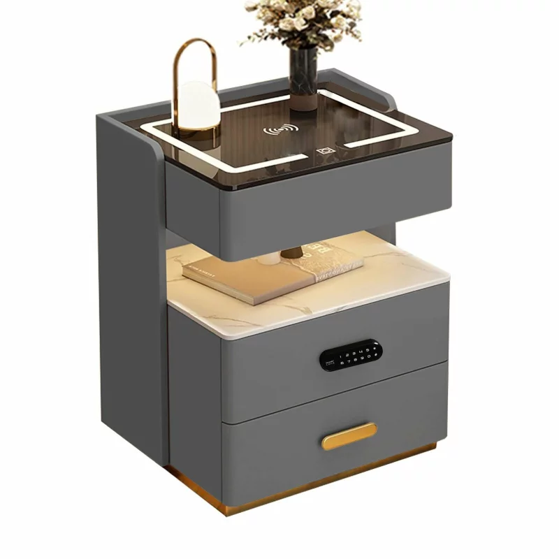 71cd10ce-2e86-4c7c-a2db-a60d59964c4b.webp Intelligenter Nachttisch mit Fingerabdruckschloss, 15W Wireless Charging & Bluetooth – Anthrazitgrau, 3 Schubladen – Bild 1