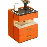 Intelligenter Nachttisch Orange mit Wireless Charging, LED-Beleuchtung & 3 Schubladen – Modernes Glas-Holz-Design